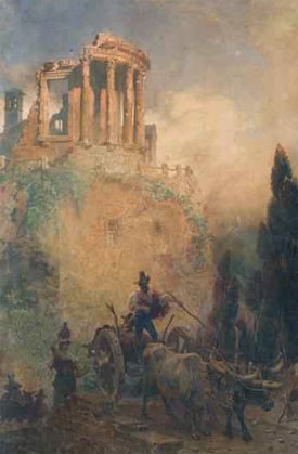 Carl Haag,Charrette de paysans sous le temple de Vesta à Tivoli (environ 1856)